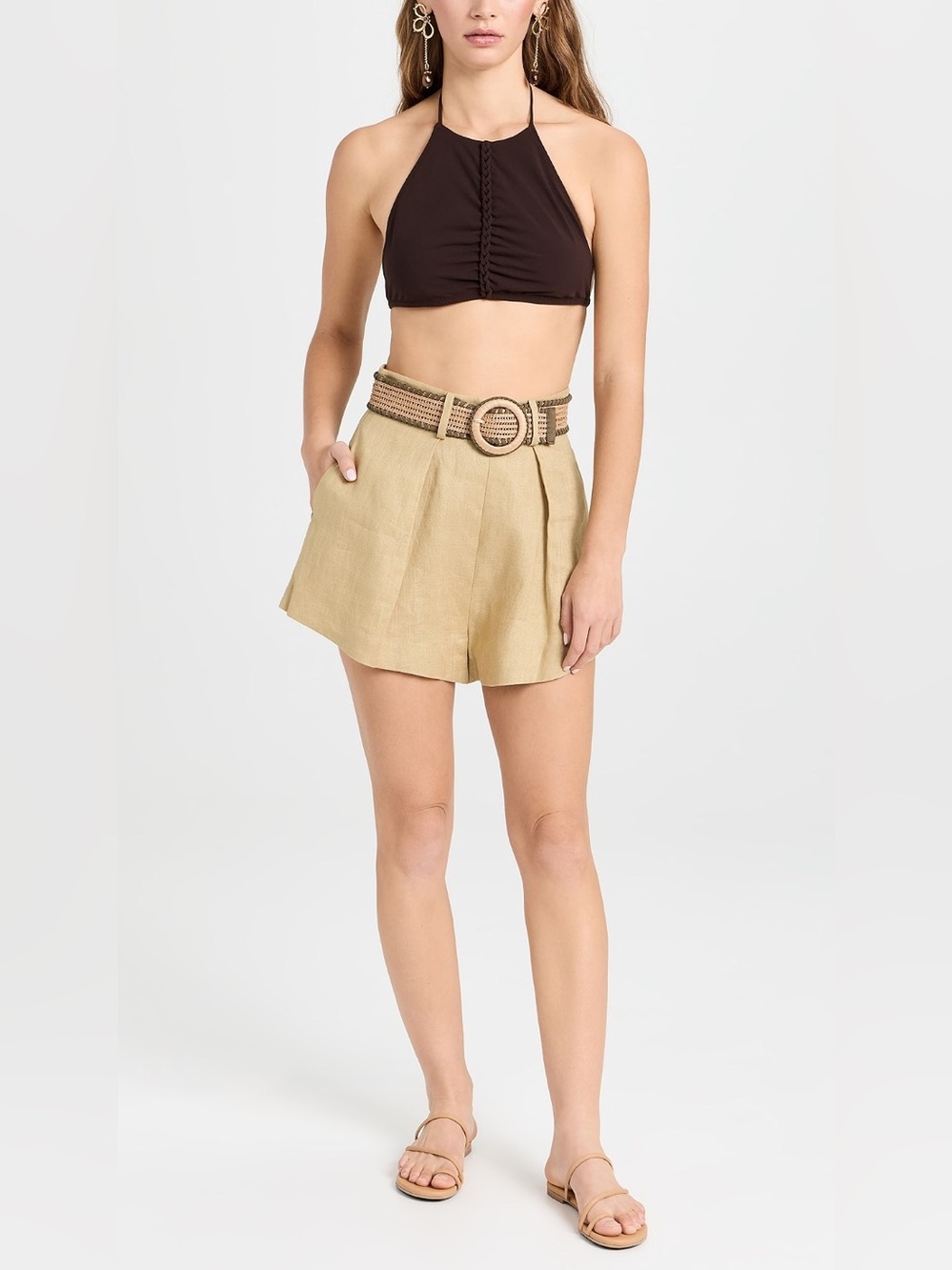 ZIMMERMANN August Tuck Belted Shorts NWT Size AU 2 US 8 in Khaki 100% Linen